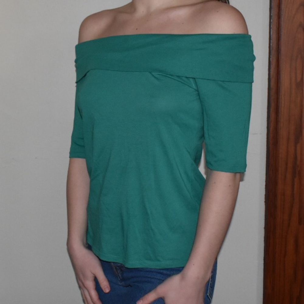 Anthropologie Off the Shoulder Green Top